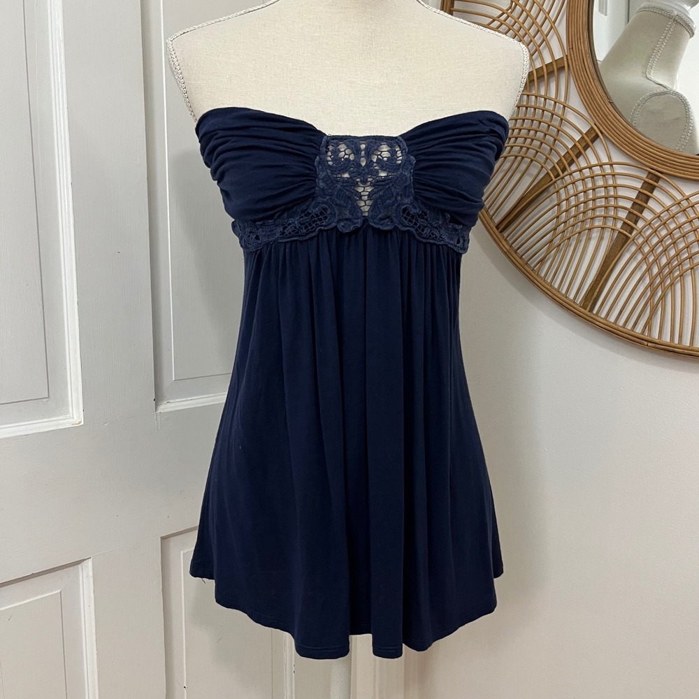 Pincere Di Piu True Y2K Strapless Tunic Top M Navy Lace Boho Fairy Babydoll